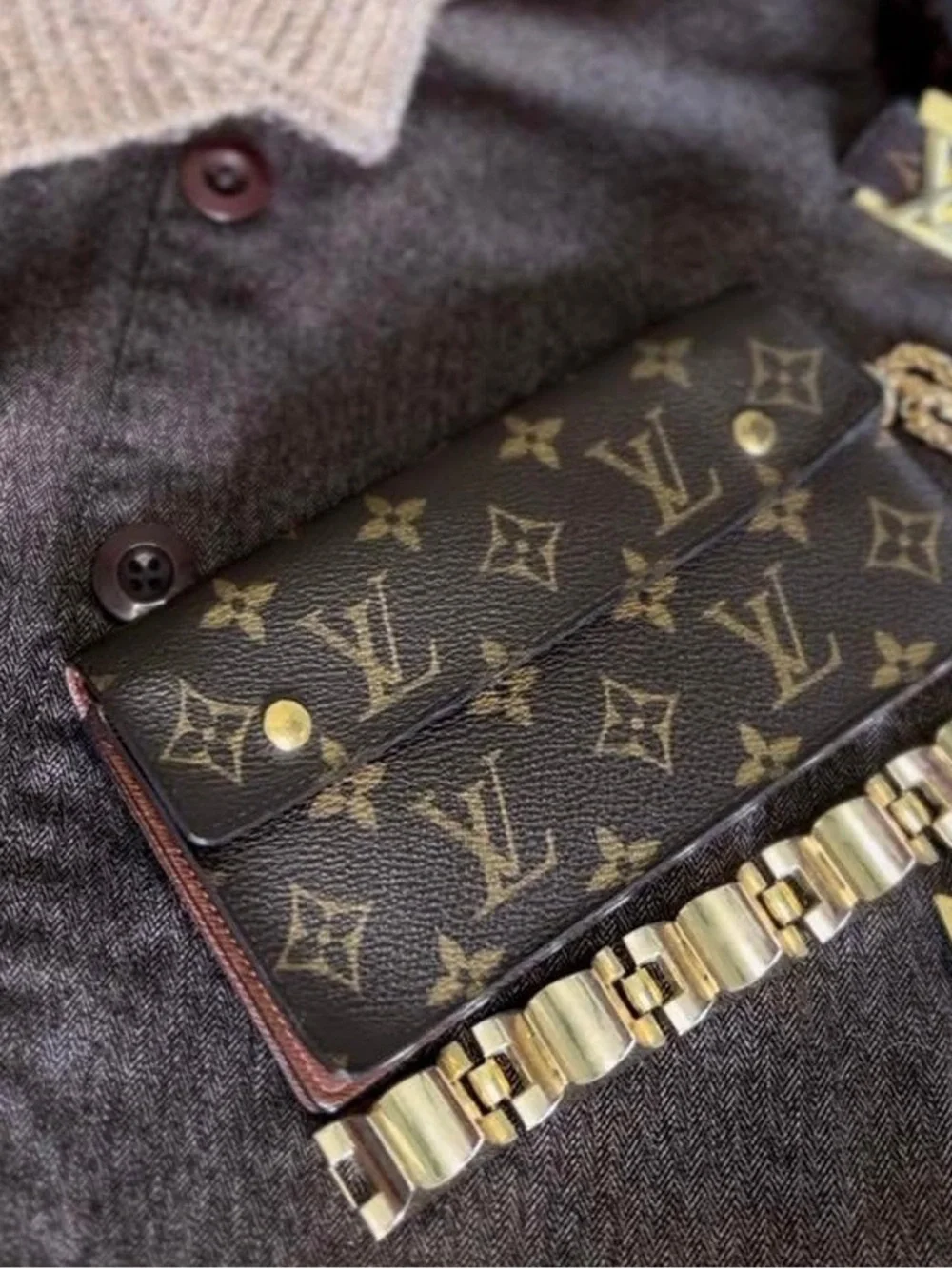 Louis Vuitton Monogram Canvas Accordion Clutch in Brown with Gold Accents